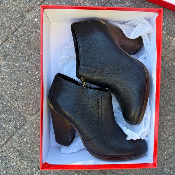 Coach Black Leather Ankle Booties with Gold Zip and Stacked Heel - Picture 4 of 4